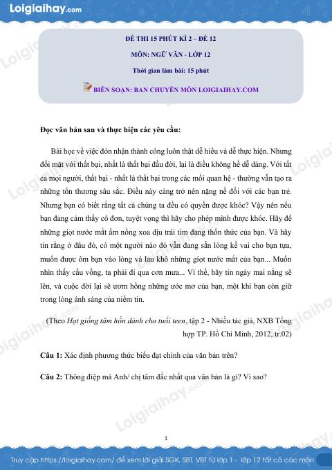 Đề số 12 - Đề kiểm tra 15 phút - Học kì 2 - Ngữ văn 12